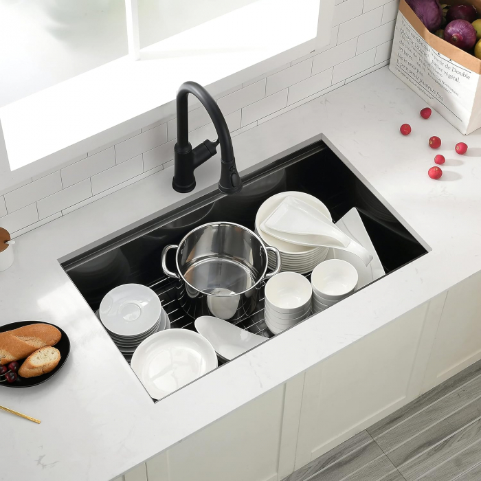 Chiuveta Inox Bucatarie, Milmatt, Premium Workstation cu Accesorii, Tocator Lemn Sapele, Gratar Inox, Cos scurgere, Grilaj Protectie Chiuveta, Silentioasa, Montaj Sub Blat, Negru Metalizat, dimensiune [12]
