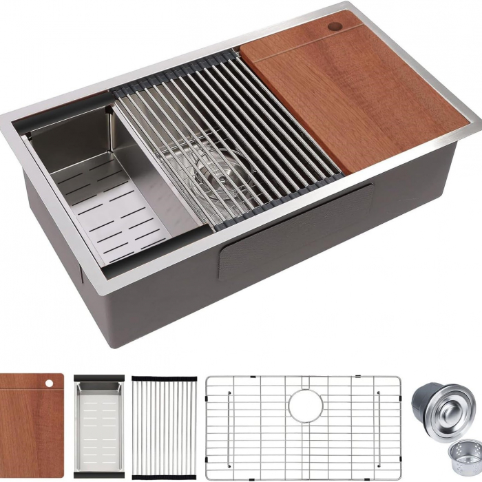 Chiuveta Inox Bucatarie, Milmatt, Premium Workstation cu Accesorii, Tocator Lemn Sapele, Gratar Inox, Cos scurgere, Grilaj Protectie Chiuveta, Silentioasa, Montaj Sub Blat, dimensiune 70x46x23 cm [1]