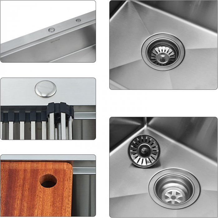 Chiuveta Inox Bucatarie, Milmatt, Premium Workstation cu Accesorii, Tocator Lemn Sapele, Gratar Inox, Cos scurgere, Grilaj Protectie Chiuveta, Silentioasa, Montaj pe Blat, dimensiune 70x46x23 cm [7]