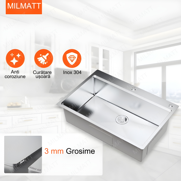 Chiuveta Inox Bucatarie, Milmatt, Premium Workstation cu Accesorii, Tocator Lemn Sapele, Gratar Inox, Cos scurgere, Grilaj Protectie Chiuveta, Silentioasa, Montaj pe Blat, dimensiune 70x46x23 cm [6]