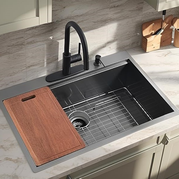 Chiuveta Inox Bucatarie, Milmatt, Premium Workstation cu Accesorii, Tocator Lemn Sapele, Gratar Inox, Cos scurgere, Grilaj Protectie Chiuveta, Silentioasa, Montaj pe Blat, Negru Metalizat, dimensiune [11]