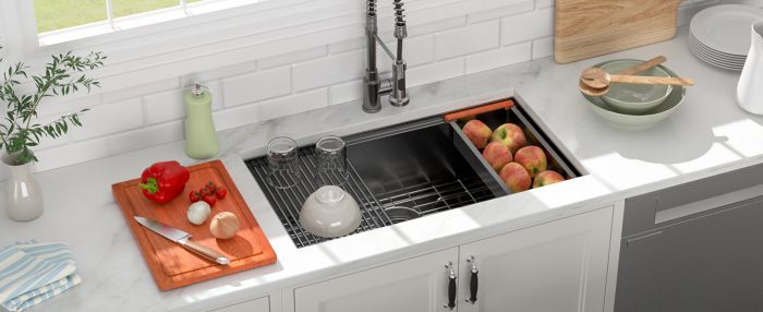 Chiuveta Inox Bucatarie, Milmatt, Premium Workstation cu Accesorii, Tocator Lemn Sapele, Gratar Inox, Cos scurgere, Grilaj Protectie Chiuveta, Silentioasa, Montaj Sub Blat, Negru Metalizat, dimensiune [14]