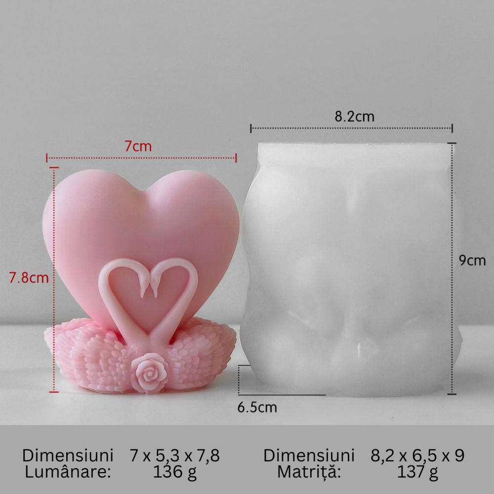 Matrita de silicon, Milmatt, Model Inima cu Lebede, pentru lumanari, silicon alimentar, non toxic, 82 x 65 x 90 mm [5]