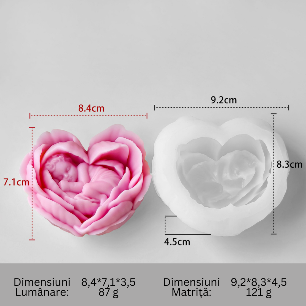 Matrita de silicon, Milmatt, Model Inima Trandafir cu Bebelus, pentru lumanari, silicon alimentar, non toxic, 92 x 83 x 45 mm [2]