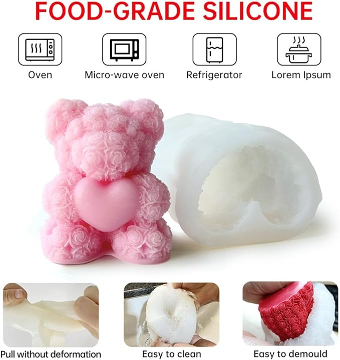 Matrita de silicon, Milmatt, Model ursulet cu trandafiri, pentru lumanari, silicon alimentar, non toxic, 59 x 68 mm [3]