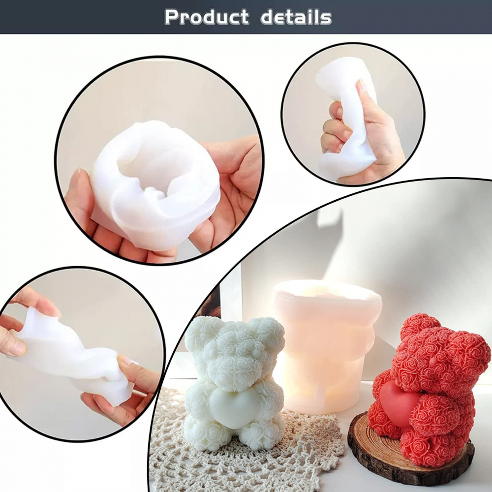 Matrita de silicon, Milmatt, Model ursulet cu trandafiri, pentru lumanari, silicon alimentar, non toxic, 59 x 68 mm [7]