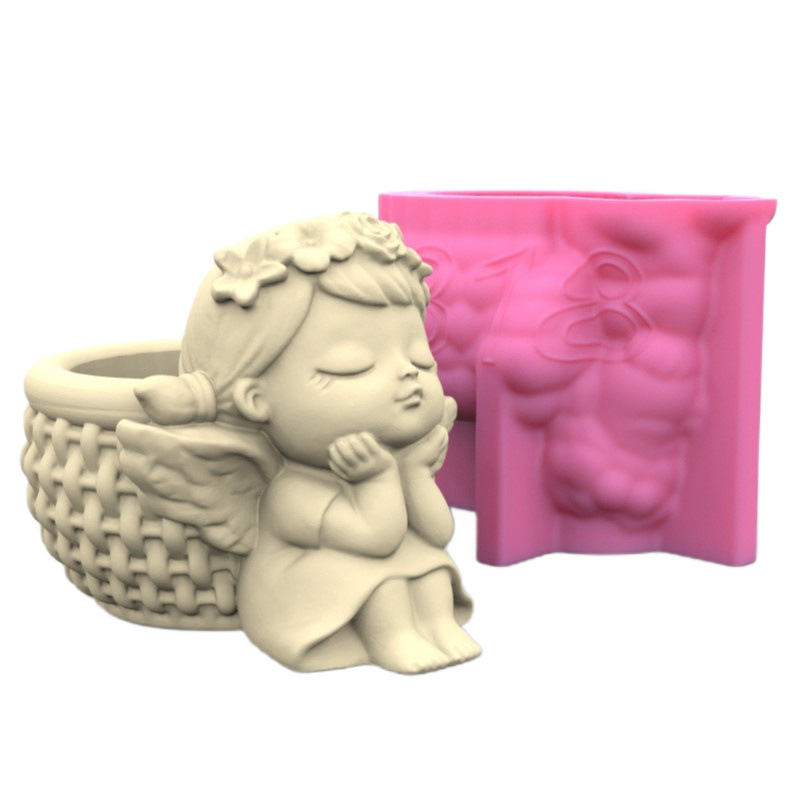 Matrita de silicon mini ghiveci, Milmatt, Model Ingeras Fetita cu codite si cos, silicon premium, reutilizabil, potrivit pentru praf ceramic, gips, ipsos, ciment, 8 x 10 x 7.5 cm [2]