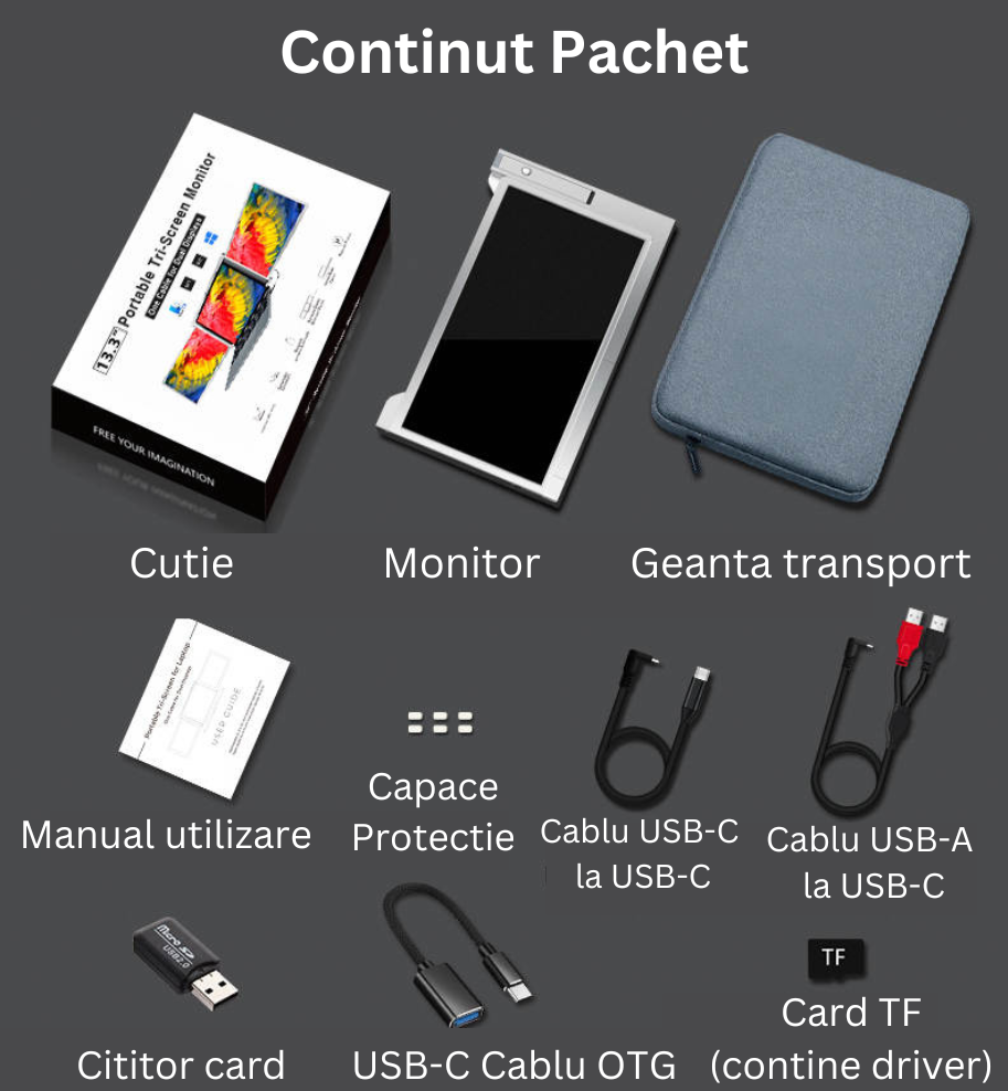 Monitor extender pentru laptop, Milmatt, Model S 600, ecran 15 inch, rezolutie 1920x1080, compatibil Windows, MacOS, M1, M2, Conectare cu un singur cablu, portabil, gri [10]