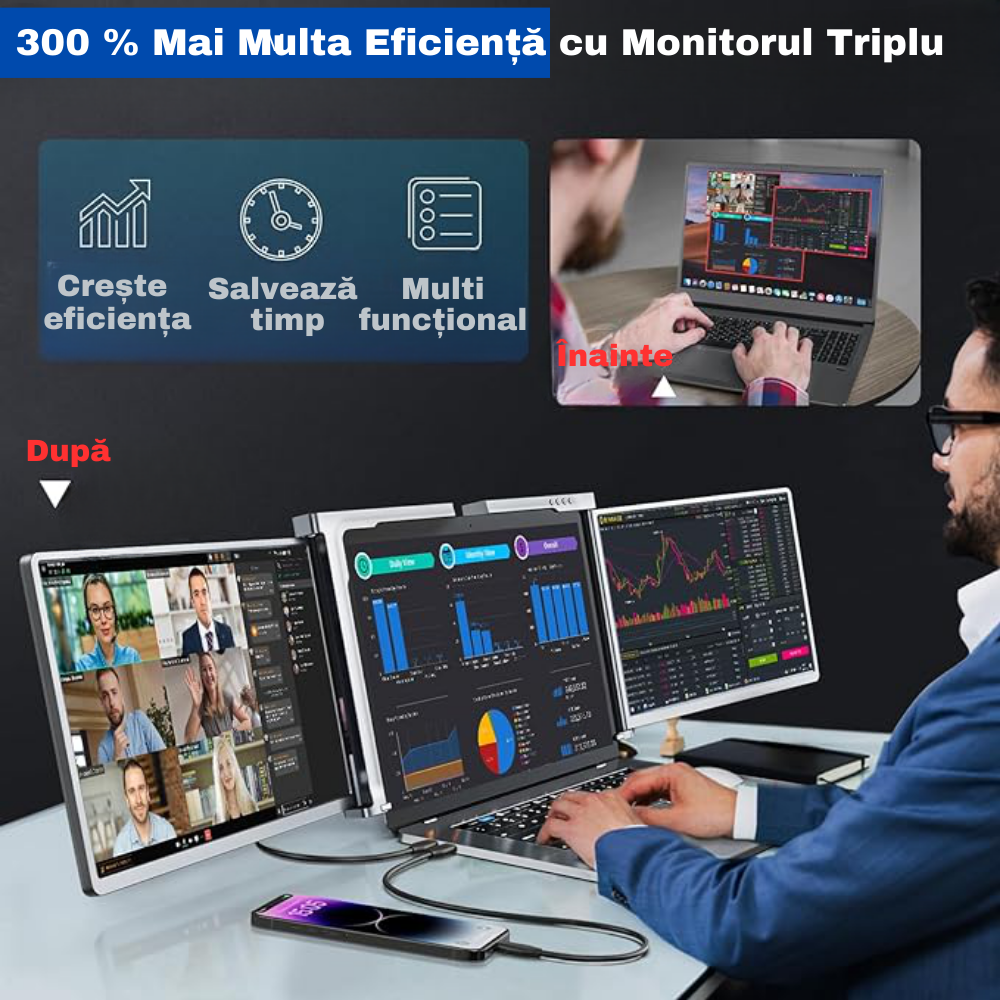 Monitor extender pentru laptop, Milmatt, Model S 600, ecran 15 inch, rezolutie 1920x1080, compatibil Windows, MacOS, M1, M2, Conectare cu un singur cablu, portabil, gri [9]