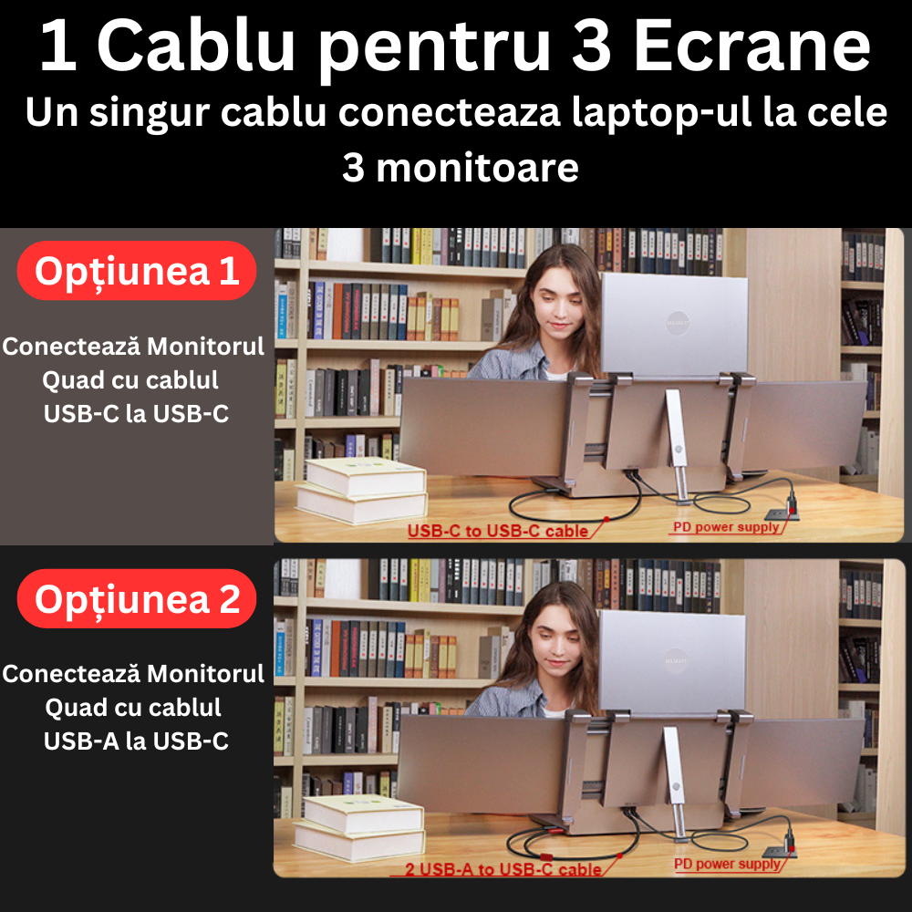Monitor LED extender portabil pentru laptop, Milmatt, 14 inch, excelent pentru Birou, Calatorii, FullHD, Conectare cu un Singur Cablu, Quad-Screen compatibil display de 13,6 -17.3 inch, compatibil Win [8]