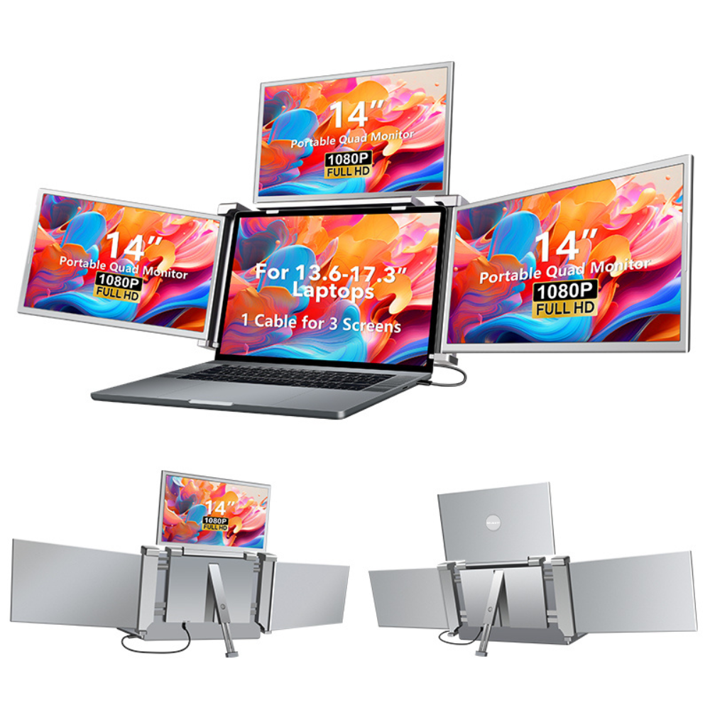 Monitor LED extender portabil pentru laptop, Milmatt, 14 inch, excelent pentru Birou, Calatorii, FullHD, Conectare cu un Singur Cablu, Quad-Screen compatibil display de 13,6 -17.3 inch, compatibil Win [18]