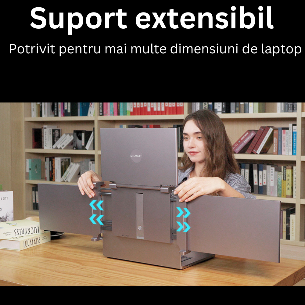 Monitor LED extender portabil pentru laptop, Milmatt, 14 inch, excelent pentru Birou, Calatorii, FullHD, Conectare cu un Singur Cablu, Quad-Screen compatibil display de 13,6 -17.3 inch, compatibil Win [15]