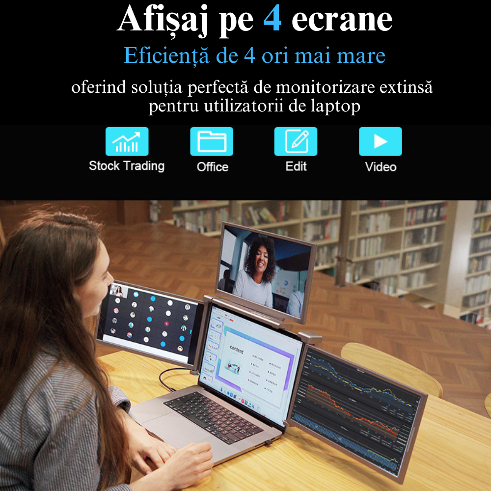 Monitor LED extender portabil pentru laptop, Milmatt, 14 inch, excelent pentru Birou, Calatorii, FullHD, Conectare cu un Singur Cablu, Quad-Screen compatibil display de 13,6 -17.3 inch, compatibil Win [6]