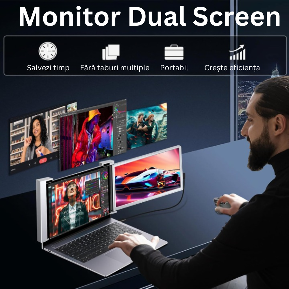 Monitor portabil pentru laptop, Milmatt, 14 inch, ecran FHD 1080P IPS, extensie pentru laptop cu port USB-C și Mini HDMI, Plug & Play, compatibil cu laptopuri de 14-17.3”, Switch, Xbox, gri [3]