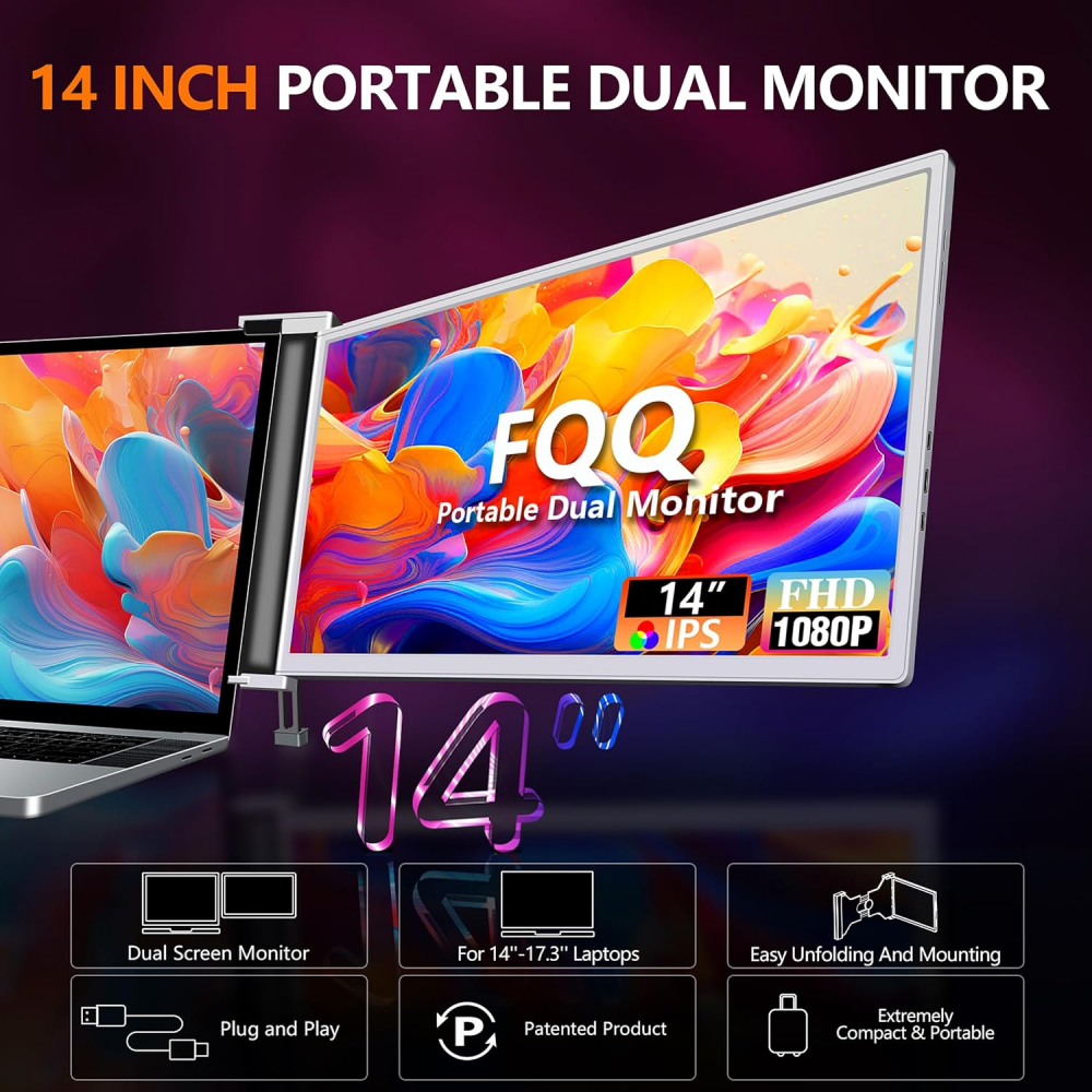 Monitor portabil pentru laptop, Milmatt, 14 inch, ecran FHD 1080P IPS, extensie pentru laptop cu port USB-C și Mini HDMI, Plug & Play, compatibil cu laptopuri de 14-17.3”, Switch, Xbox, gri [5]