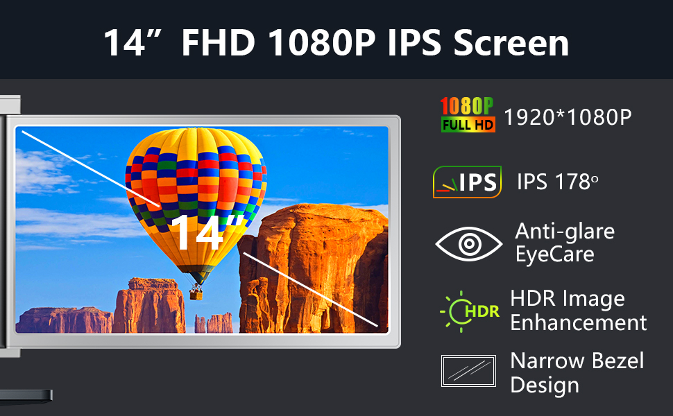 Monitor portabil pentru laptop, Milmatt, 14 inch, ecran FHD 1080P IPS, extensie pentru laptop cu port USB-C și Mini HDMI, Plug & Play, compatibil cu laptopuri de 14-17.3”, Switch, Xbox, gri [12]