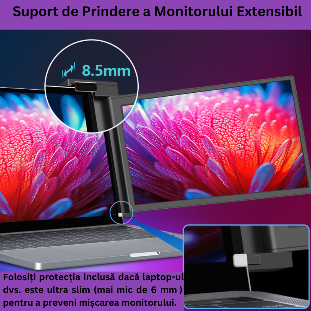 Monitor portabil pentru laptop, Milmatt, 15.4 inch, ecran FHD 1080P IPS, extensie pentru laptop cu port USB-C si Mini HDMI, Plug & Play, compatibil cu laptopuri de 15.6 -17.3”, Switch, Xbox, negru [6]