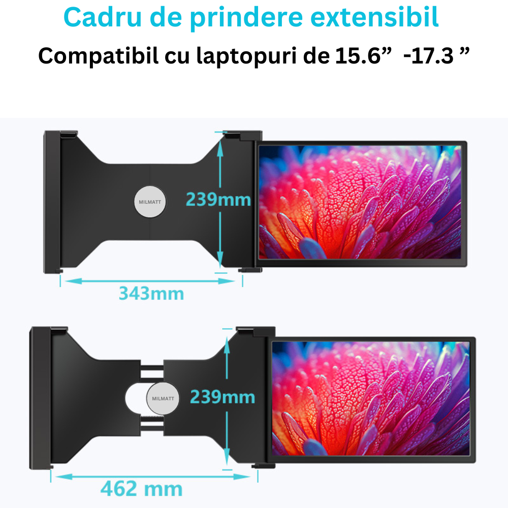 Monitor portabil pentru laptop, Milmatt, 15.4 inch, ecran FHD 1080P IPS, extensie pentru laptop cu port USB-C si Mini HDMI, Plug & Play, compatibil cu laptopuri de 15.6 -17.3”, Switch, Xbox, negru [11]