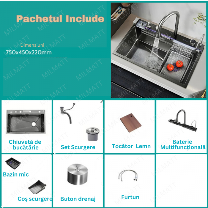 Chiuvetă Bucătărie Multifuncțională cu Accesorii – Cos Scurgere, Tocător, Baterie Cascadă, Spălător Pahare [24]