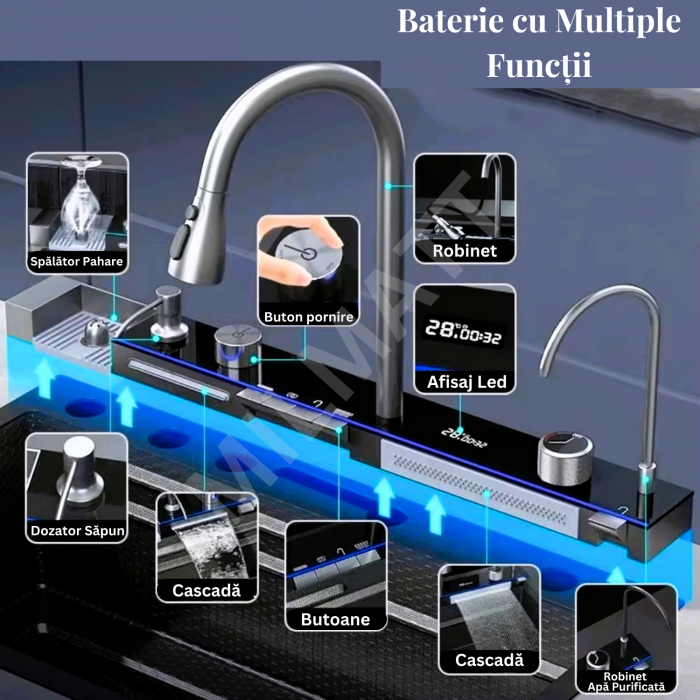 Chiuvetă Bucătărie Multifuncțională cu Accesorii – Cos Scurgere, Tocător, Baterie Cascadă, Spălător Pahare [5]