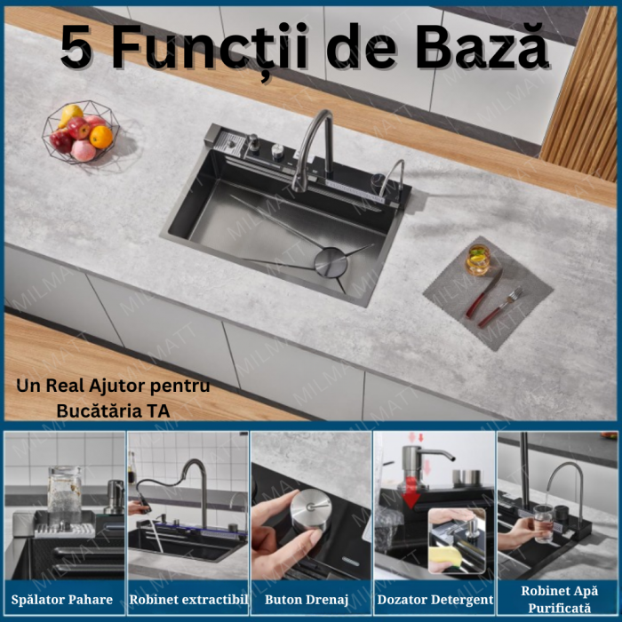 Chiuvetă Bucătărie Multifuncțională cu Accesorii – Cos Scurgere, Tocător, Baterie Cascadă, Spălător Pahare [6]