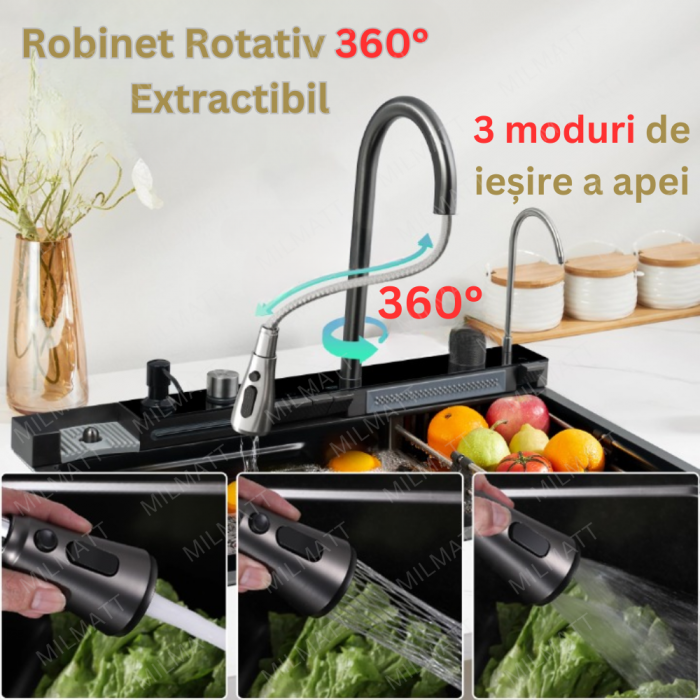 Chiuvetă Bucătărie Multifuncțională cu Accesorii – Cos Scurgere, Tocător, Baterie Cascadă, Spălător Pahare [9]