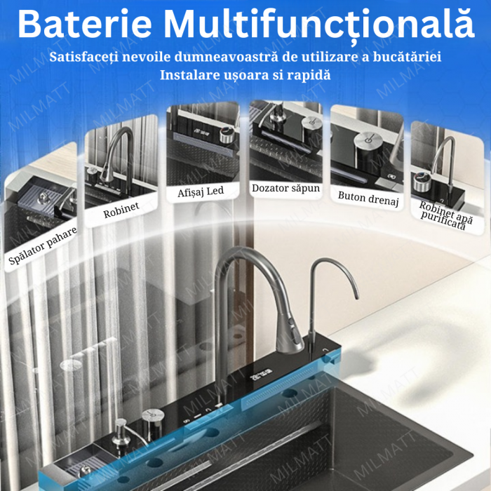 Chiuvetă Bucătărie Multifuncțională cu Accesorii – Cos Scurgere, Tocător, Baterie Cascadă, Spălător Pahare [7]