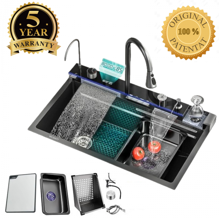 Chiuvetă Bucătărie Multifuncțională cu Accesorii – Cos Scurgere, Tocător, Baterie Cascadă, Spălător Pahare [1]