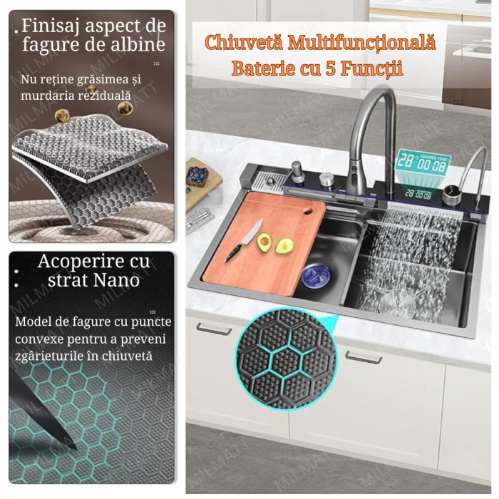 Chiuvetă Bucătărie Multifuncțională cu Accesorii – Cos Scurgere, Tocător, Baterie Cascadă, Spălător Pahare [3]