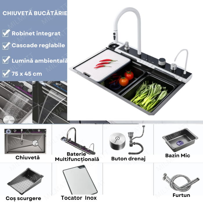 Set chiuveta bucatarie, Milmatt, multifunctionala, cu afisaj led, baterie cu dus extractibil, 2 cascade, dispozitiv spalare pahare, otel inoxidabil 3 mm, culoare NEGRU SI ALB, 75 x 46 cm [4]