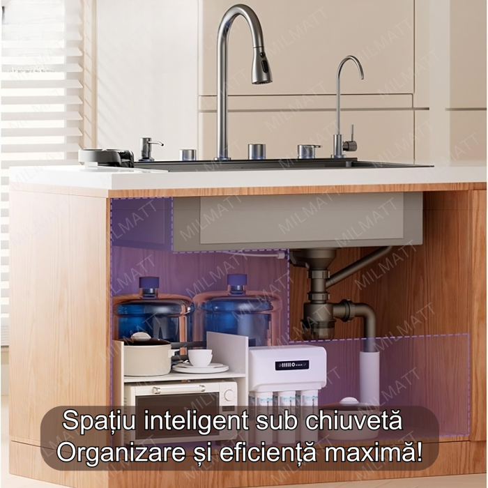 Set chiuveta bucatarie, Milmatt, multifunctionala, cu afisaj led, baterie cu dus extractibil, elemente interschimbabile, 2 cascade, dispozitiv spalare pahare, dozator sapun, otel inoxidabil 3 mm, culo [6]