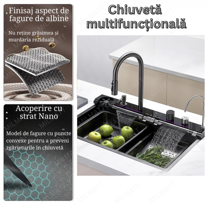 Set chiuvetă bucătărie MILMATT – Multifuncțională, LED, baterie brevetată, inox negru [3]
