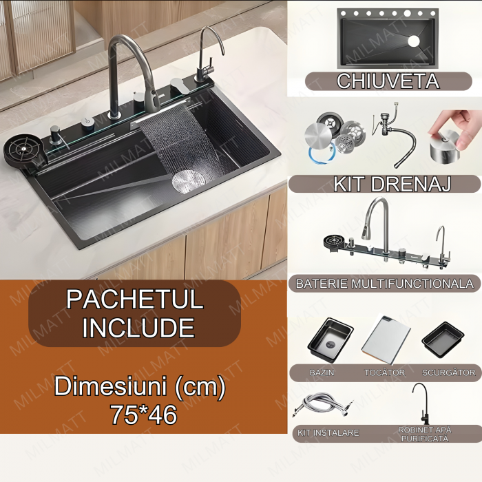 Set chiuveta bucatarie, Milmatt, multifunctionala, cu afisaj led, baterie cu dus extractibil, elemente interschimbabile, 2 cascade, dispozitiv spalare pahare, dozator sapun, otel inoxidabil 3 mm, culo [12]