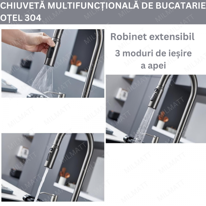 Set chiuvetă bucătărie MILMATT – Multifuncțională, LED, baterie brevetată, inox negru [8]