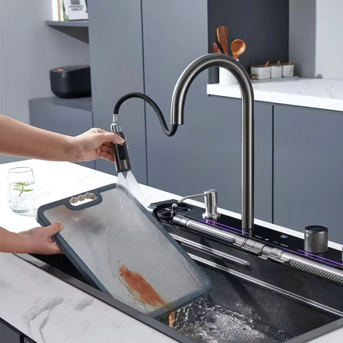 Set chiuvetă bucătărie MILMATT – Multifuncțională, LED, baterie brevetată, inox negru [20]