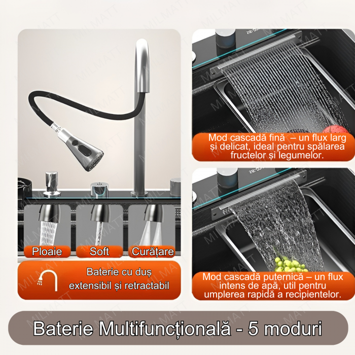 Set chiuveta bucatarie, Milmatt, multifunctionala, cu afisaj led, baterie cu dus extractibil, elemente interschimbabile, 2 cascade, dispozitiv spalare pahare, dozator sapun, otel inoxidabil 3 mm, culo [7]
