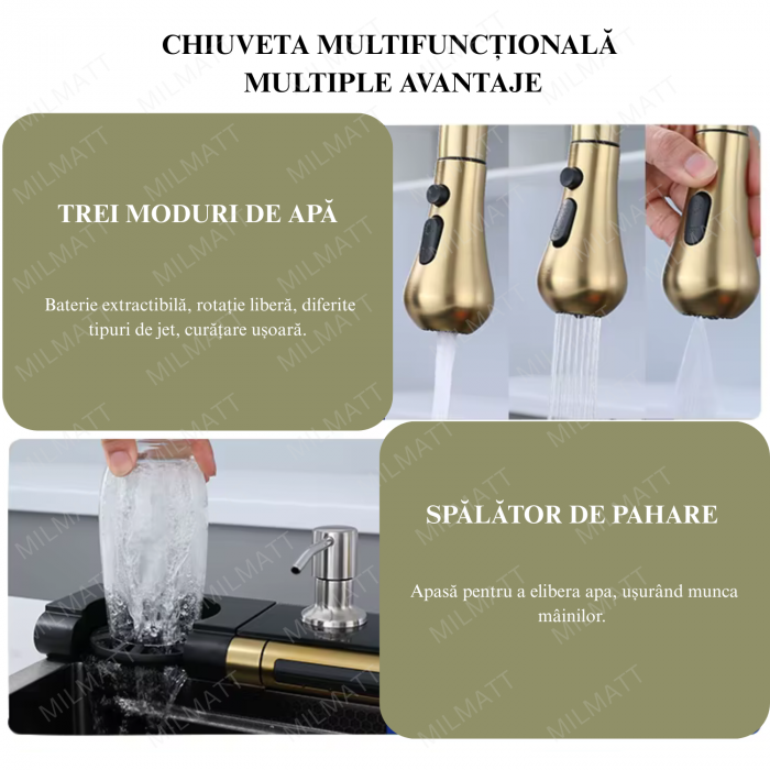 Set chiuveta bucatarie, Milmatt, multifunctionala, cu afisaj led, baterie cu dus extractibil, 2 cascade, dispozitiv spalare pahare, dozator sapun,otel inoxidabil 3 mm, culoare NEGRU SI AURIU, 75 x 46  [3]