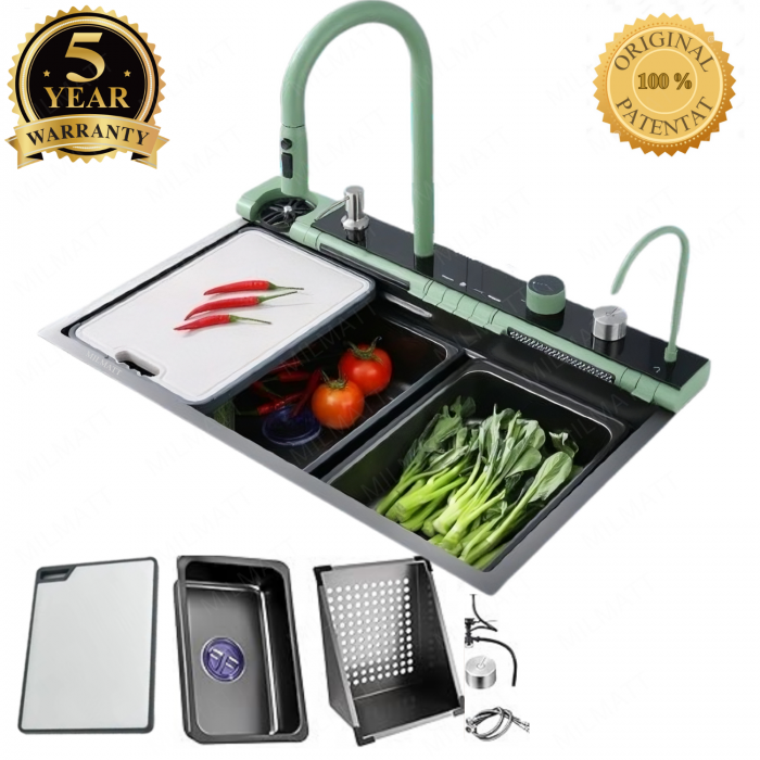 Set chiuveta bucatarie, Milmatt, multifunctionala, cu afisaj led, baterie cu dus extractibil, 2 cascade, dispozitiv spalare pahare, dozator sapun, robinet apa purificata, otel inoxidabil 3 mm, culoare [1]