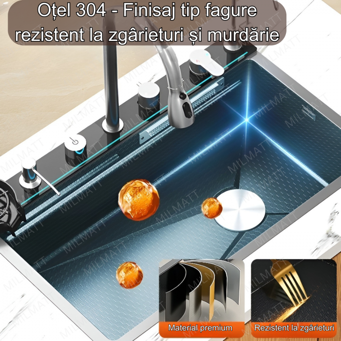 Set chiuveta bucatarie, Milmatt, multifunctionala, cu afisaj led, baterie cu dus extractibil, elemente interschimbabile, 2 cascade, dispozitiv spalare pahare, dozator sapun, otel inoxidabil 3 mm, culo [8]