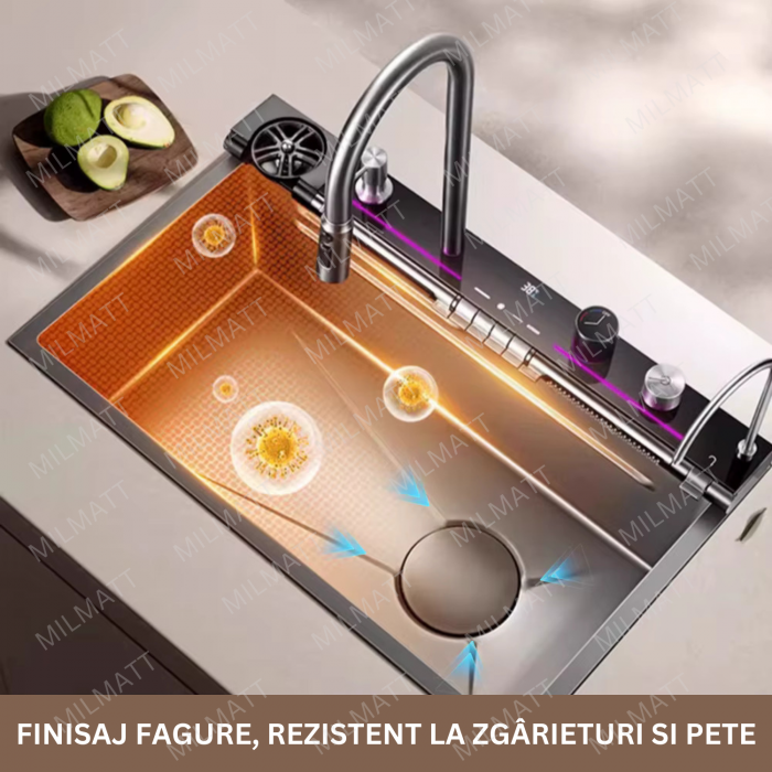 Set chiuvetă bucătărie MILMATT – Multifuncțională, LED, baterie brevetată, inox negru [4]