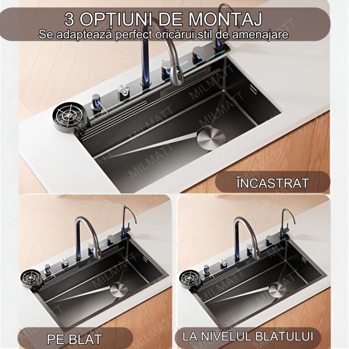 Set chiuveta bucatarie, Milmatt, multifunctionala, cu afisaj led, baterie cu dus extractibil, elemente interschimbabile, 2 cascade, dispozitiv spalare pahare, dozator sapun, otel inoxidabil 3 mm, culo [5]