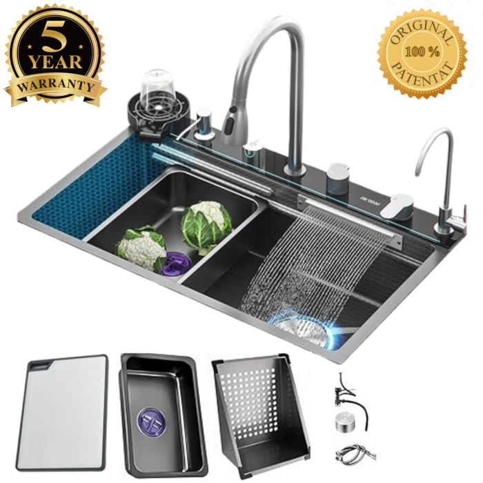 Set chiuveta bucatarie, Milmatt, multifunctionala, cu afisaj led, baterie cu dus extractibil, elemente interschimbabile, 2 cascade, dispozitiv spalare pahare, dozator sapun, otel inoxidabil 3 mm, culo [1]