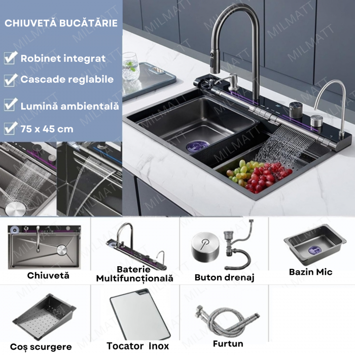 Set chiuvetă bucătărie MILMATT – Multifuncțională, LED, baterie brevetată, inox negru [21]