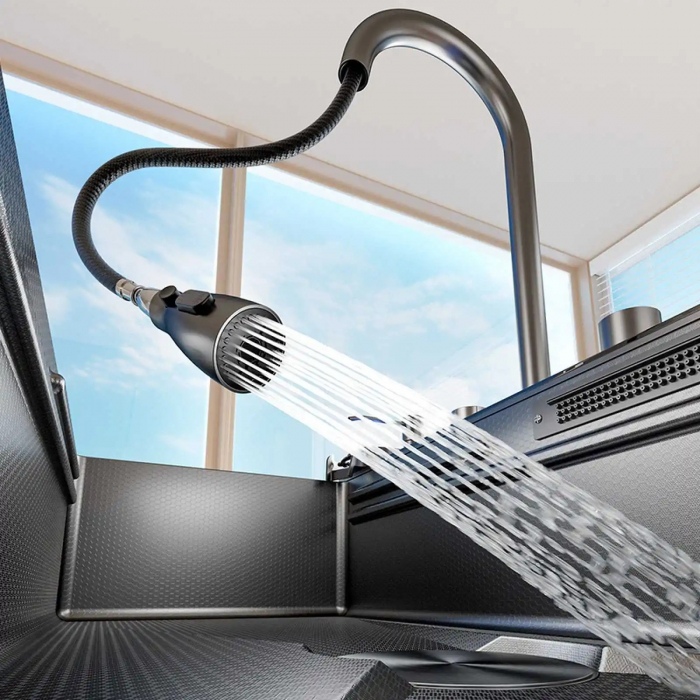 Set chiuveta bucatarie, Milmatt, multifunctionala, cu afisaj led, baterie cu dus extractibil, elemente interschimbabile, 2 cascade, dispozitiv spalare pahare, dozator sapun, otel inoxidabil 3 mm, culo [16]