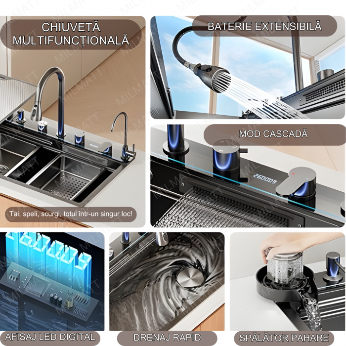 Set chiuveta bucatarie, Milmatt, multifunctionala, cu afisaj led, baterie cu dus extractibil, elemente interschimbabile, 2 cascade, dispozitiv spalare pahare, dozator sapun, otel inoxidabil 3 mm, culo [3]