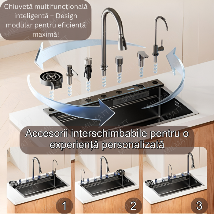 Set chiuveta bucatarie, Milmatt, multifunctionala, cu afisaj led, baterie cu dus extractibil, elemente interschimbabile, 2 cascade, dispozitiv spalare pahare, dozator sapun, otel inoxidabil 3 mm, culo [2]