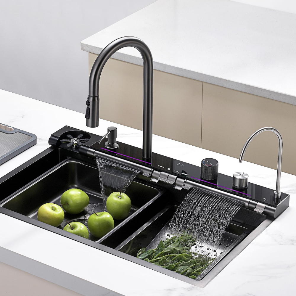 Set chiuvetă bucătărie MILMATT – Multifuncțională, LED, baterie brevetată, inox negru [18]