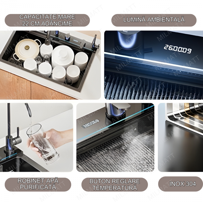 Set chiuveta bucatarie, Milmatt, multifunctionala, cu afisaj led, baterie cu dus extractibil, elemente interschimbabile, 2 cascade, dispozitiv spalare pahare, dozator sapun, otel inoxidabil 3 mm, culo [4]