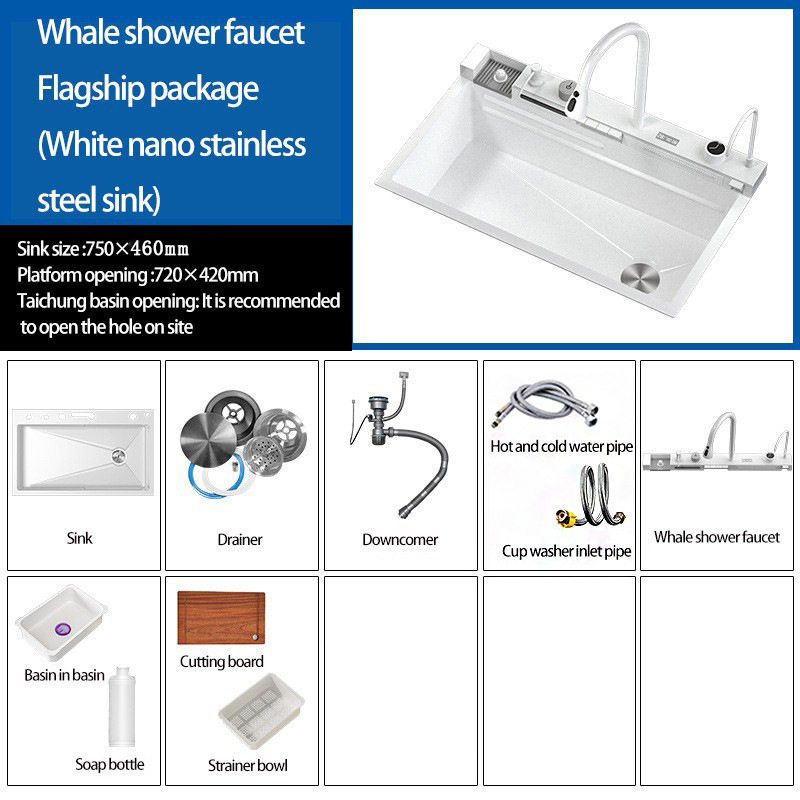 Set chiuveta bucatarie, Milmatt, multifunctionala, cu afisaj led, baterie cu dus extractibil, 2 cascade, spalator pahare, dozator sapun, robinet apa purificata, otel inoxidabil, sticla alba, culoare a [20]