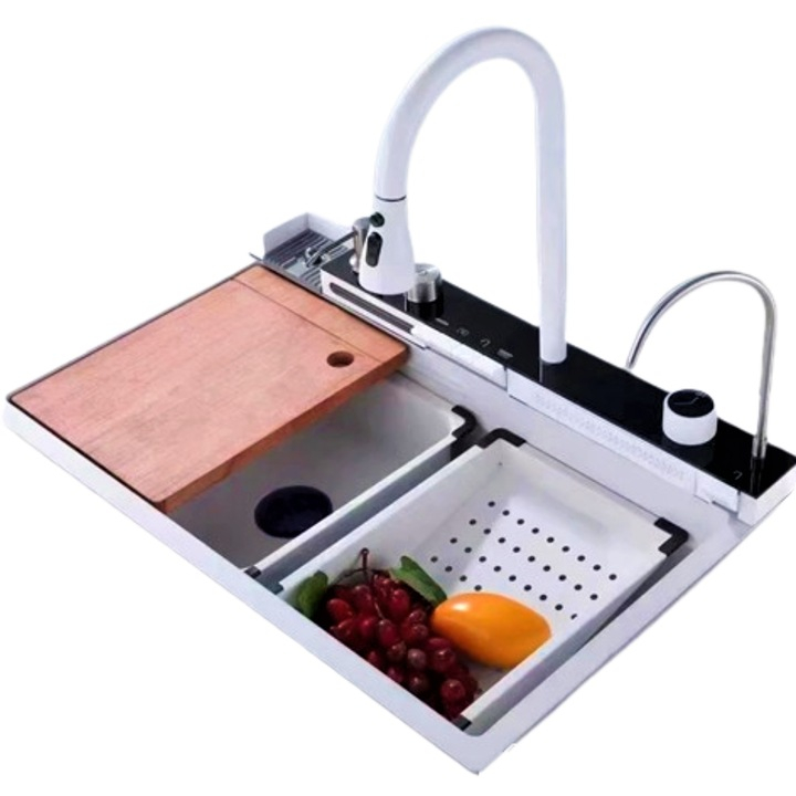Set chiuveta bucatarie, Milmatt, multifunctionala, cu afisaj led, baterie cu dus extractibil, 2 cascade, spalator  pahare, dozator sapun, robinet apa purificata, otel inoxidabil, sticla neagra, culoar [1]
